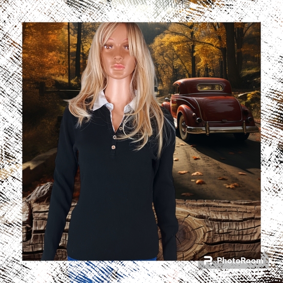 Black, Collared Pullover Sweater - Picture 2 of 6